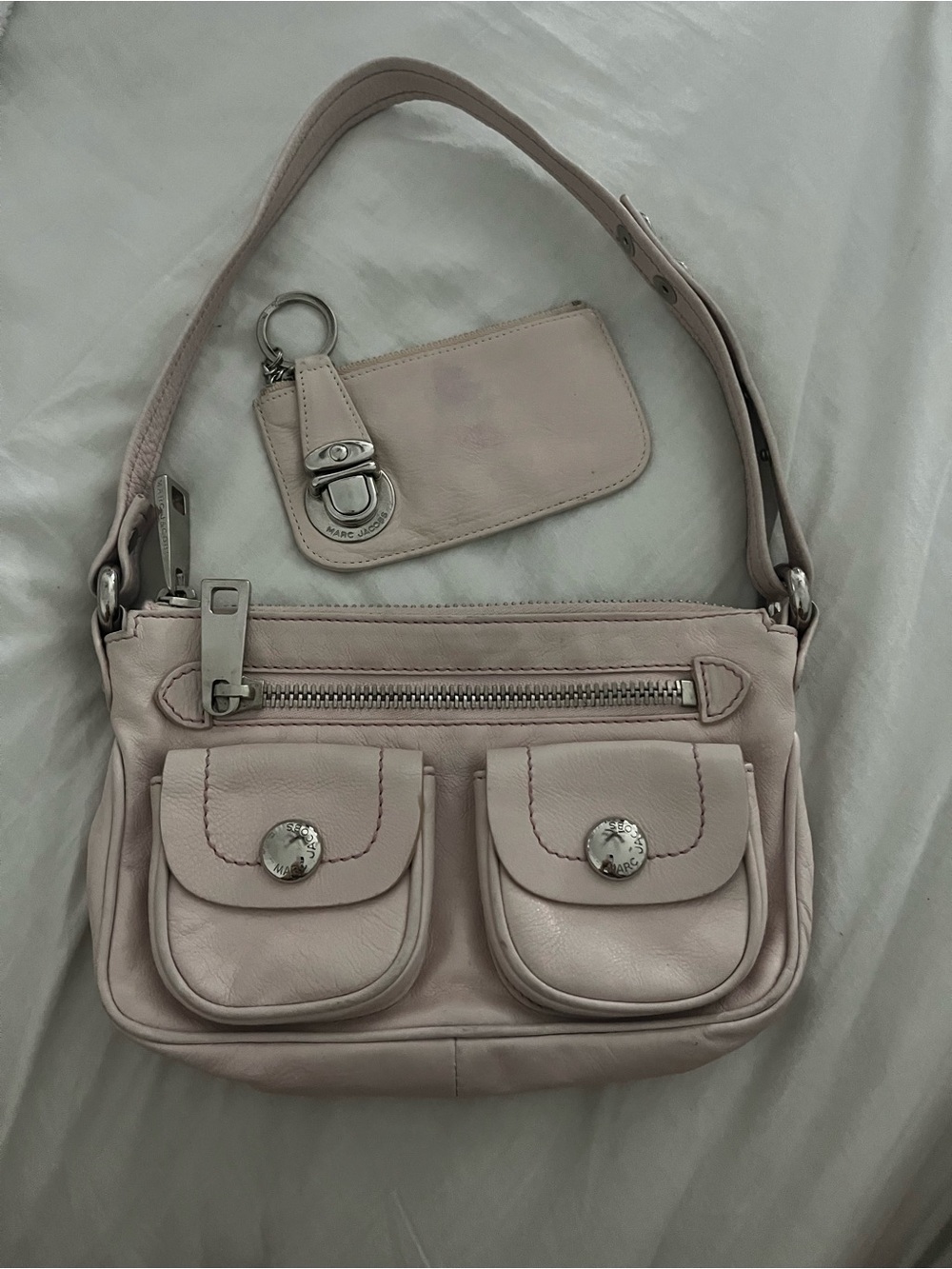 Marc Jacob’s Light Pink Leather Shoulder Bag with Front Pockets + wallet
